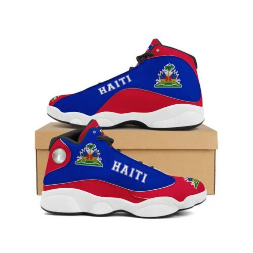 Basketball shoes with the Haitian flag printed on them