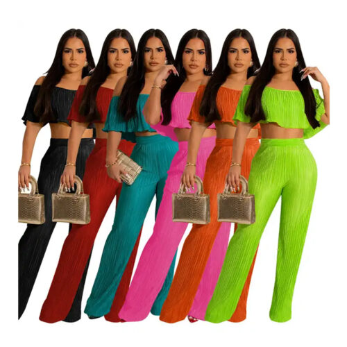 Women’s clothing with wide leg flared pants and off shoulder crop top