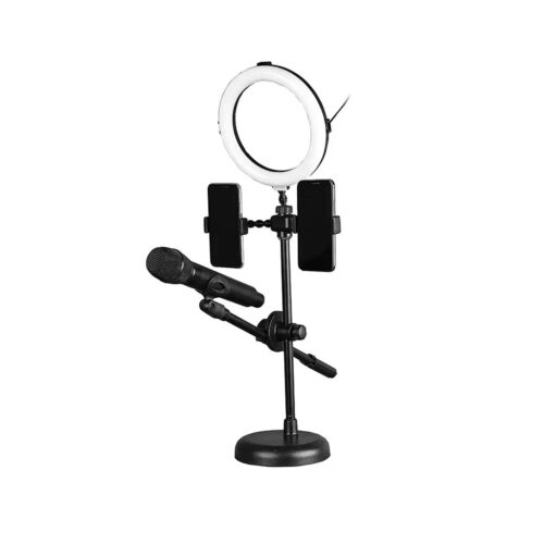 Adjustable and foldable mobile phone holder with ring light