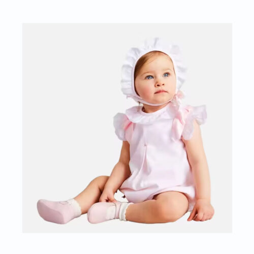 Baby girl pink color cotton romper, bubble clothes with ruffle collar and big bow for infants girls