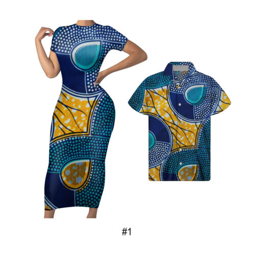 Custom african traditional clothing set for men and women, printed short sleeve bodycon dress and shirt