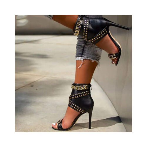 Women’s high heel boots sandals with metal decoration